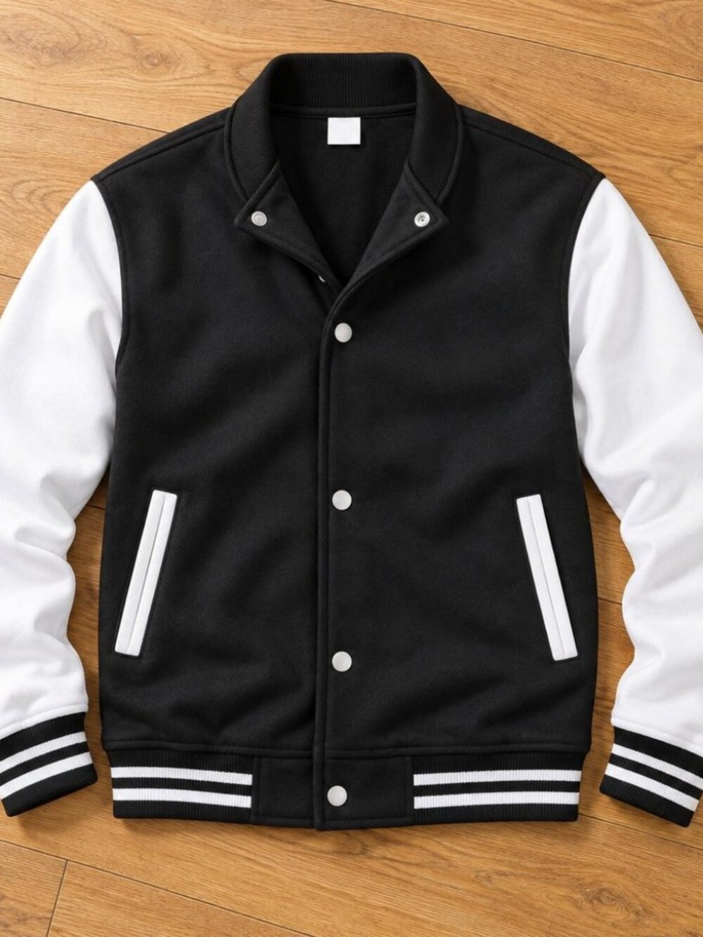 Black and white varsity jacket - letterman bomber with striped trim